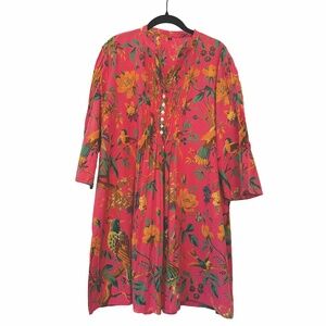 Boho Tropical Bird Floral Caftan Dress Pink Orange Festival Tunic M/L